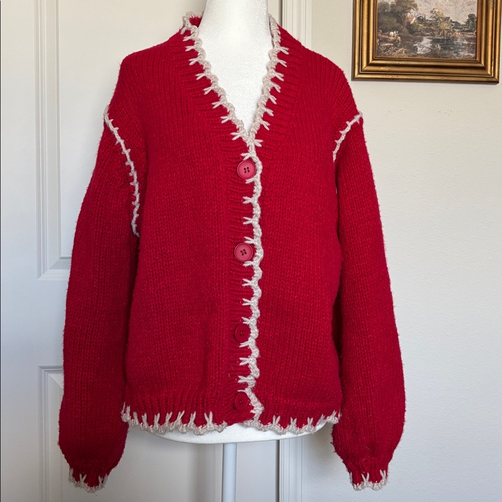 XS Cherry Red chunky knit Cardigan with White Accents - Picture 2 of 3